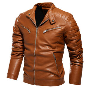 Biker Stand Collar Quilted Shoulders Classic Cafe Racer Zip-Up Real Leather Jacket