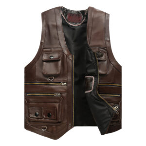 Genuine Cowhide V-Neck Cafe Racer Vest with Multipockets Biker Leather Waistcoat