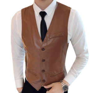Tan Genuine Sheepskin Single Breasted Sleeveless Vest Leather Waistcoat