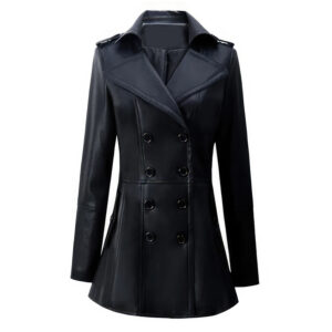 Genuine Sheepskin Double Breasted British Style Mid-Length Leather Trench Coat