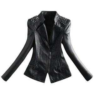 Biker Genuine Sheepskin Rivet Coat Asymmetric Braided Design Leather Jacket