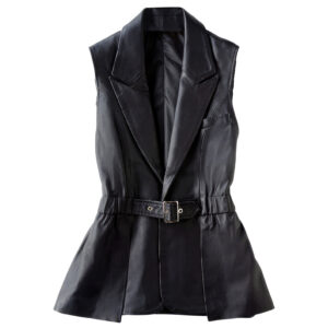 Genuine Sheepskin Lapel Collar Sleeveless Top Belted Biker Leather Waistcoat