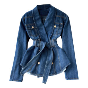 Denim Jacket with Lapel Collar and Double Breasted Lotus Leaf Edge Korean