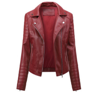 Genuine Sheepskin Quilted Sleeves Red Biker Slim Leather Jacket