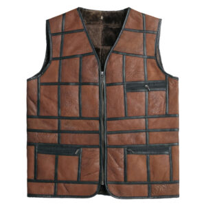 Black Stripped Design V-Neck Leather Waistcoat