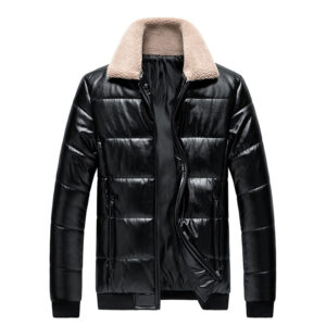 Padded Turn-Down Collar Casual Puffer Leather Jacket