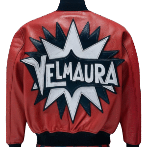 Velmaura Striking Red Bomber Leather Jacket with Playful Design