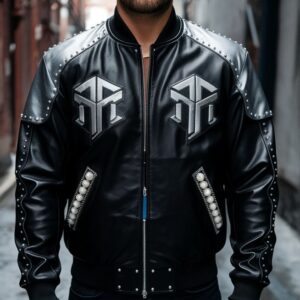 Rapstern Black Leather Bomber Jacket with Metallic Silver Accents & Ray Design