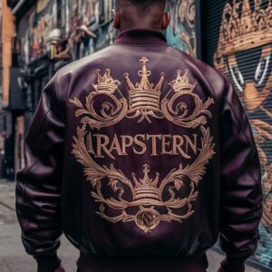 Rapstern Burgundy Leather Bomber Jacket with Crowns & Royal Motifs ? Street Kings Edition