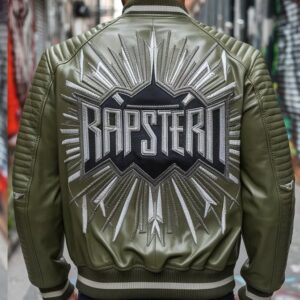 Rapstern Green Quilted Leather Bomber Jacket with Stars & Rays