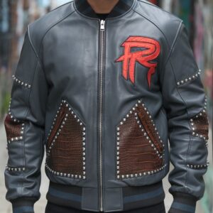 Rapstern Charcoal Gray Leather Bomber Jacket with Phoenix Embroidery & Metallic Studs