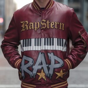 Rapstern Deep Red Leather Bomber Jacket with Gold Accents & Piano Graphic ? Street Kings Edition
