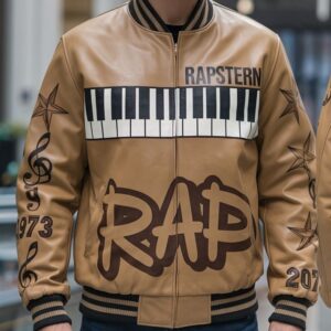Rapstern Vintage Tan Leather Bomber Jacket with Urban King & Piano Graphic