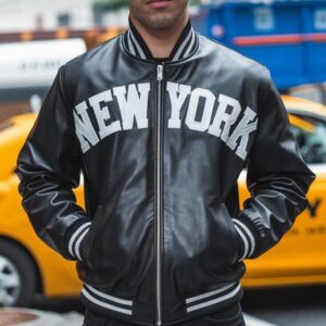 Rapstern New York Black Leather Bomber Jacket for Hip-Hop Streetwear