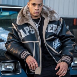 Rapstern Urban Eagle Jet Black  with Oversized Fur Collar and Eagle Wing Graphic |Bomber Leather Jacket