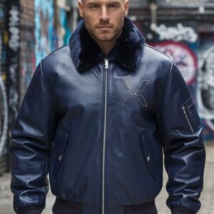 Rapstern Navy Blue Leather Bomber Jacket with Faux Fur Collar ? Sophisticated Urban Style
